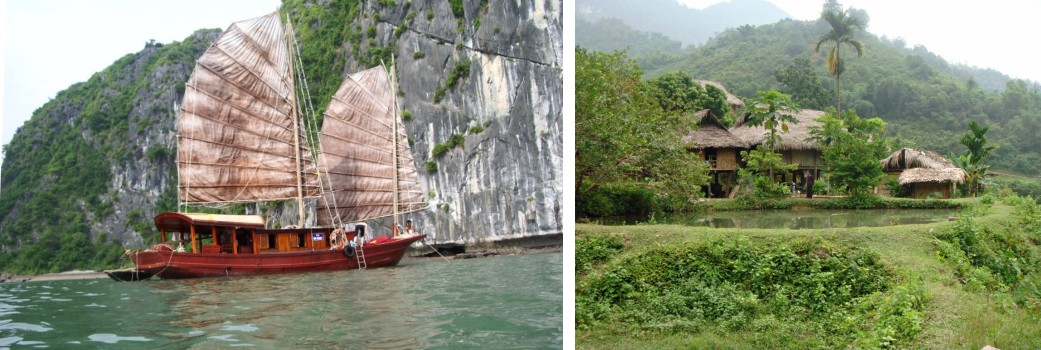 Vietnam, jonque et maisons traditionnelles
